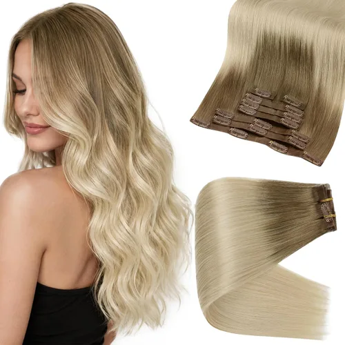 Vista 19 de Full Shine Extensiones de Cabello Rubio con Clip Reflejos Cabello Humano Extensiones con Clip Rubio Ceniza Mezcla Rubio Decolorado PU Extensiones
