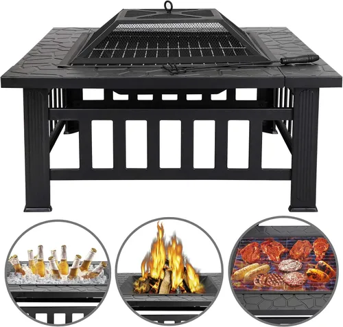 Vista 4 de Mesa para hoguera al aire libre de 32 pulgadas con parrilla, cuenco de chimenea de leña, estufa cuadrada multifuncional, con pantalla de chispas