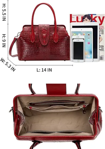 Vista 7 de PIJUSHI diseñador de piel de cocodrilo monederos y bolsos para las mujeres Top Handle Satchel Bag señoras trabajo bolso, rojo, talla única