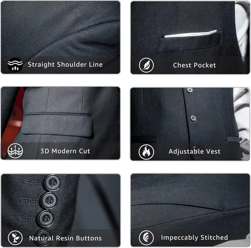 Vista 4 de Hihawk Traje de 3 piezas para hombre con tela elástica, conjunto de blazer de un solo botón, chaqueta chaleco con corbata.