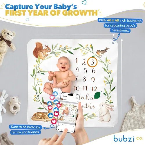 Vista 2 de Bubzi Co Manta mensual de hitos para bebé, manta de fotos de bosque suave para bebé niño y niña, manta de cama de guardería, artículos esenciales