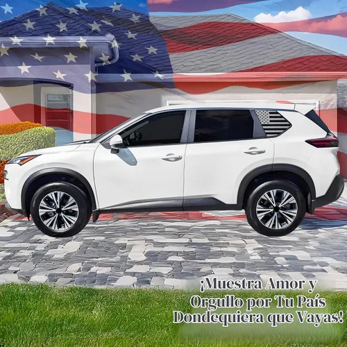 Vista 2 de BOGAR TECH DESIGNS Calcomanía de vinilo precortada con bandera estadounidense para ventana de un cuarto compatible con Nissan Rogue 2021-2025, negro