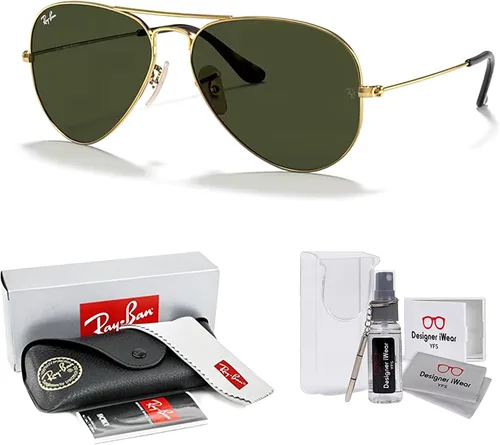 Vista 2 de Ray-Ban RB3025 - Lentes de sol de aviador de metal para hombre y mujer + paquete con kit de cuidado de gafas iWear de diseñador
