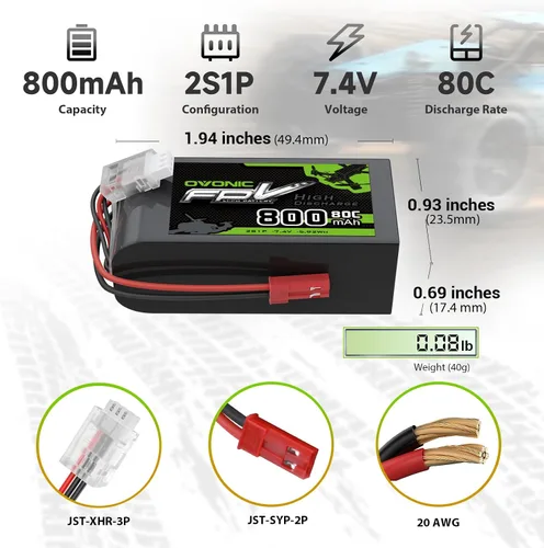 Vista 2 de OVONIC Batería Lipo de 7.4V 80C 800mAh 2S con enchufe JST [1 paquete que incluye 2 baterías]
