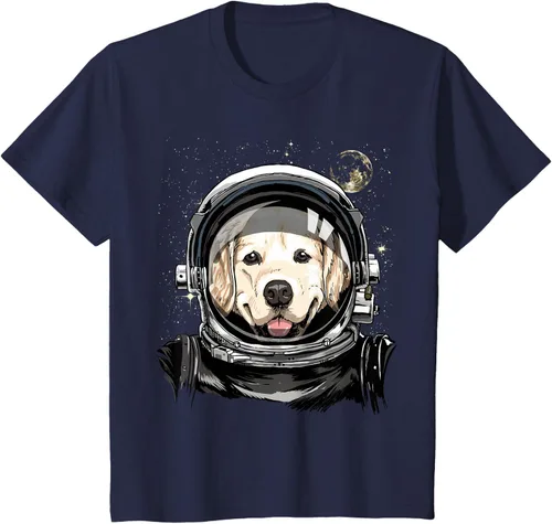 Vista 54 de Camiseta para amantes de los perros de los astronautas del espacio exterior Golden Retriever Lover, Negro