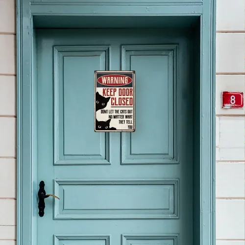 Vista 7 de SUPERDANT Letrero de metal con texto en inglés «Keep Door Closed Don't Let The Cats Out», letrero de aluminio vintage, regalo para amantes