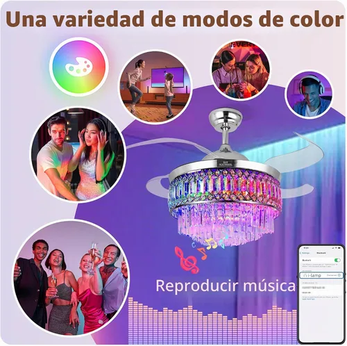 Vista 2 de Ventilador de techo retráctil de cristal con luces, ventilador de techo Bluetooth con altavoz, cuchillas reversibles de 6 velocidades, luz LED RGB
