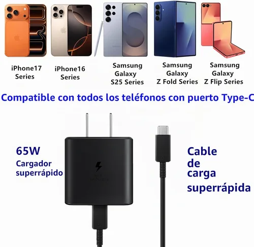 Vista 2 de Cargador súper rápido de 65 W para Samsung Fold8 Ultra iPhone17 Pro Max Compatible for Galaxy Z Fold7 Fold6 Fold5 Flip7 Flip6 S26 Ultra Note20