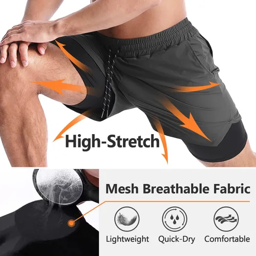 Vista 3 de Aolesy Pantalones cortos de correr 2 en 1 para hombre, pantalones cortos deportivos de entrenamiento para hombre, de secado rápido, ligeros