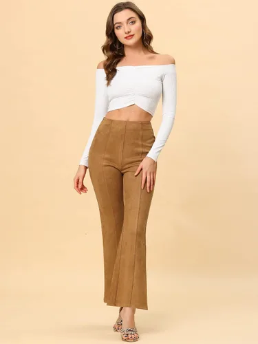 Vista 3 de Allegra K Pantalones acampanados de gamuza sintética para mujer, piernas anchas, casuales, de negocios, acampanados