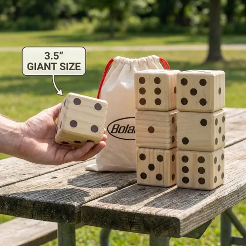 Vista 2 de Bolaball Juego de dados gigantes de madera de 3.5 pulgadas para patio – Kit de diversión duradero para exteriores incluye 6 dados grandes con bolsa