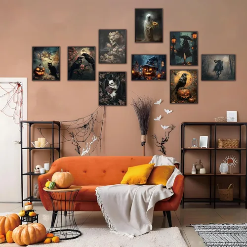 Vista 6 de ARKZSHO Juego de 9 impresiones en lienzo para pared de Halloween, pintura oscura de academia, pintura estética gótica espeluznante para galería