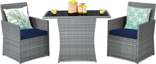 Vista 17 de Tangkula Juego de comedor de mimbre de 3 piezas, 2 sillas de ratán con mesa de comedor rectangular de vidrio templado, juego de conversación al aire