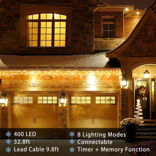 Vista 9 de Guirnalda de luces LED de carámbano de 32.8 pies, 8 modos, impermeable, luces de Navidad para exteriores con función de memoria, cortina de luces