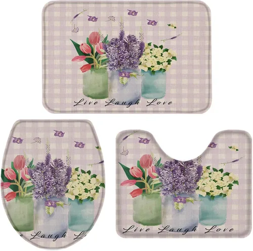Vista 3 de Juego de alfombras de baño de 3 piezas, diseño floral antideslizante, tapete de contorno y tapa de inodoro, tapetes de ducha absorbentes, juego