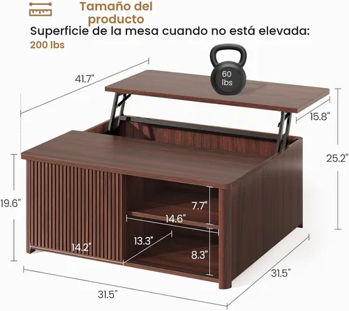 Vista 2 de SEDETA Mesa de centro elevable de 31.5 pulgadas con almacenamiento, mesas de centro cuadradas para sala de estar, mesa de centro acanalada con gran