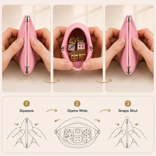 Vista 9 de Mahjong - Juego de dados, bolsa de poliuretano rosa con 2 dados