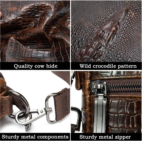 Vista 3 de NIUCUNZH Bolso bandolera de cuero con solapa para hombre pequeño bolso cruzado de hombro novedoso cocodrilo en relieve Café