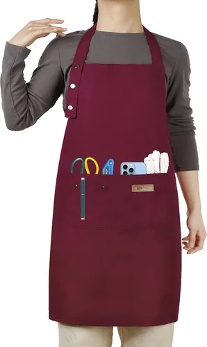Vista 10 de Hongsome Delantal ajustable con botones para mujeres y hombres, artistas, pintura, cerámica, jardín, cocina, chef, 3 bolsillos, impermeable, M-XXL