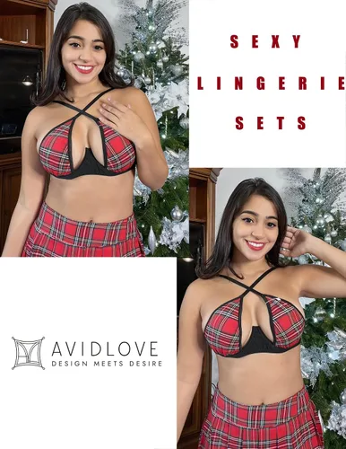 Vista 3 de Avidlove Conjunto de lencería para mujer con aros de dos piezas, conjunto de lencería sexy con minifalda plisada de encaje