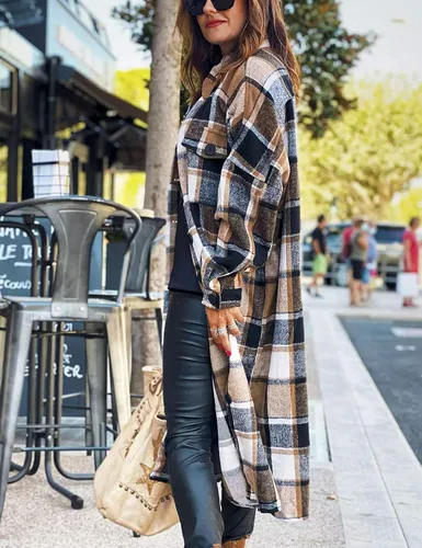 Vista 6 de Omoone - Chaqueta de manga larga con botones para mujer diseño a cuadros de ajuste holgado