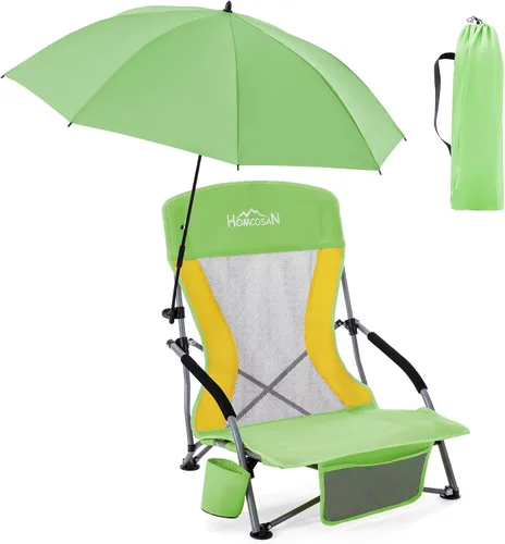 Vista 11 de Homcosan Silla de playa portátil baja plegable con paraguas desmontable, silla de campamento ligera para adultos con portavasos y bolsillo