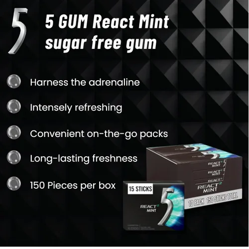 Vista 7 de 5 GUM React Mint Goma de Mascar sin Azúcar Paquete Grande (10 paquetes x 15 palitos) Sabor Intenso y de Larga Duración