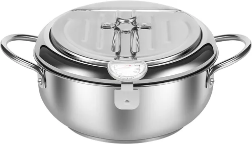 Vista 7 de Olla de 8.2 pulgadas de profundidad con cesta coladora y termómetro, olla profunda de acero inoxidable con asa, mini freidora de aceite