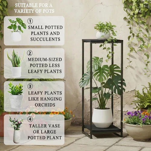 Vista 4 de Soporte para plantas de 34 pulgadas de alto para interiores, estante moderno de 2 niveles, organizador de macetas de esquina para sala de estar