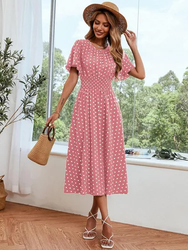 Vista 3 de Verdusa Vestido midi acampanado de manga corta con estampado de lunares para mujer