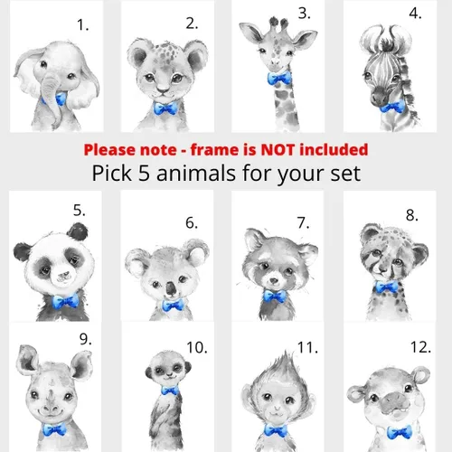 Vista 2 de Animales de Safari Personalizados para Habitación de Bebés Niños Juego de 6 Pósteres Sin Marco, Arte de Pared con Nombre Personalizado Corbatín Azul