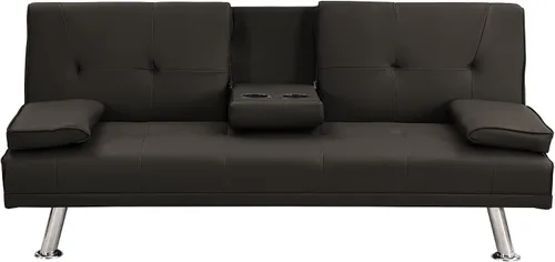 Vista 5 de LUMISOL Sofá cama tipo futón plegable convertible con 2 portavasos, sofá cama para sala de estar, sofá biplaza con marco de madera con patas