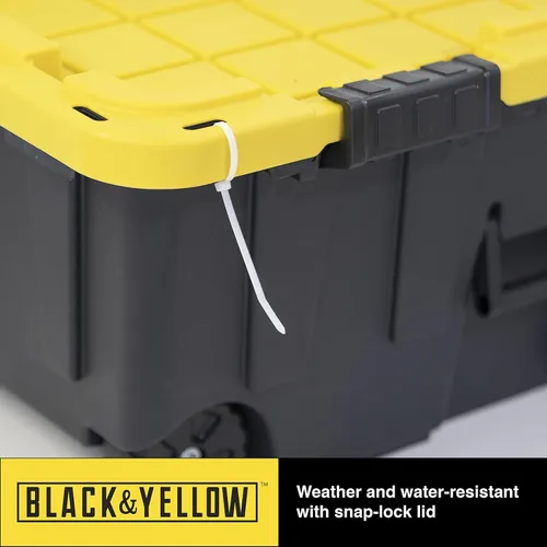 Vista 4 de Caja resistente negro y amarillo, 20 galones con ruedas, interior/exterior, resistente (paquete de 2)