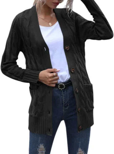 Vista 3 de MEROKEETY - Suéter de punto trenzado y manga larga para mujer, estilo cárdigan abierto al frente, con botones, para otoño, ropa de exterior holgada