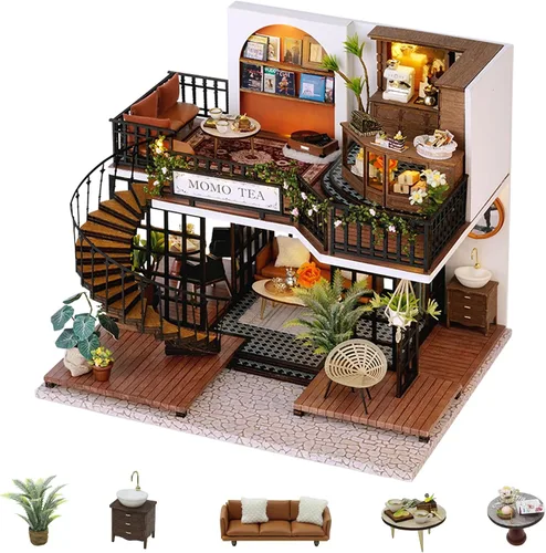 Vista 15 de Flever Kit de casa de muñecas en miniatura para bricolaje, habitación creativa con muebles para regalo romántico de San Valentín (Cat Cafe Garden)