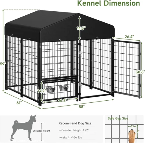 Vista 5 de Perrera para Perros al Aire Libre, Perrera para Perros con Techo y Comederos Giratorios/Puerta para Perros Desmontable Permite Conectar Su Casa
