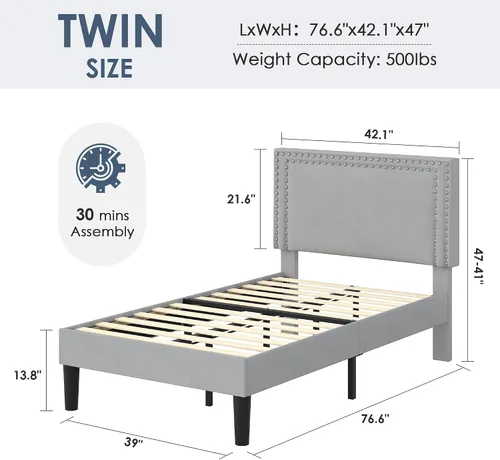 Vista 40 de VECELO Base de cama de plataforma de tamaño individual con cabecera tapizada de altura ajustable, base de colchón moderna, soporte de listones