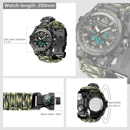 Vista 3 de Kavie Reloj táctico militar 23 en 1 para hombre, multifuncional, resistente al agua, para exteriores, con brújula, silbato, iniciador de fuego