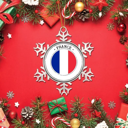 Vista 5 de Adorno de copo de nieve de metal navideño Bandera de Francia colgante de copo de nieve de peltre personalizado recuerdo decorativo para Navidad Año