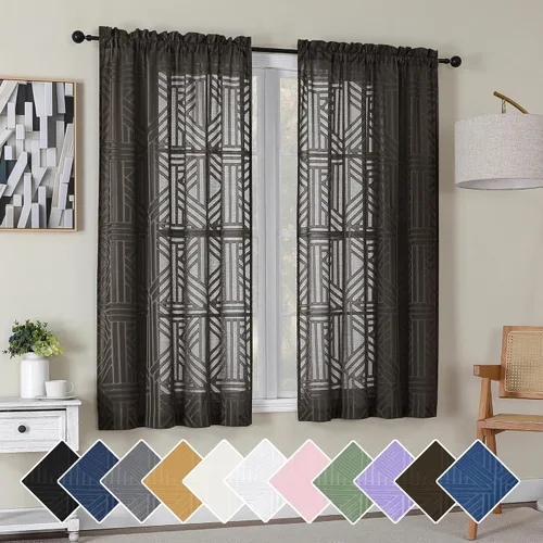 Vista 88 de Simplebrand Cortinas traslúcidas negras de cocina de 24 pulgadas de largo, 2 paneles, filtrado de luz, geométrico jacquard con textura, cortinas