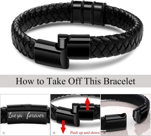Vista 7 de SheCare Pulseras para hombre, regalos para hombres, pulseras de cuero para regalos del día del padre, pulseras trenzadas negras para hombre, novio