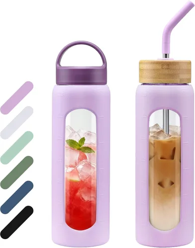 Vista 11 de WINSA - Botella de agua de vidrio de 24 onzas, vaso de vidrio con popote, botellas reutilizables con 2 tapas - Tapa con asa y tapa de bambú