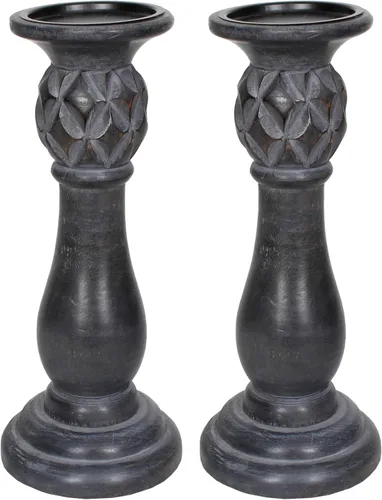 Vista 8 de Juego de 2 portavelas de madera de mango de 9 pulgadas de alto x 4.5 pulgadas, color negro envejecido