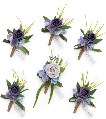 Vista 24 de Ling's Moment Boutonniere para Hombres Boda, Juego de 6, Novio y Padrinos Boutonniere para Boda Regreso a Casa Halloween Ceremonia Aniversario, Cena