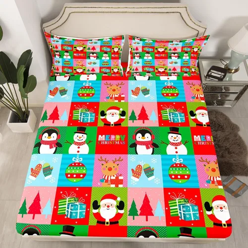 Vista 21 de Juego de sábanas con diseño de Papá Noel y muñeco de nieve para niños, niñas y niños, de temática navideña, juego de cama con diseño de árbol