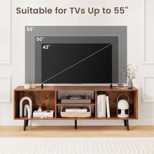 Vista 5 de Giantex Moderno soporte de TV para televisores de hasta 55 pulgadas, centro de entretenimiento de TV con almacenamiento, estantes abiertos y 5 patas