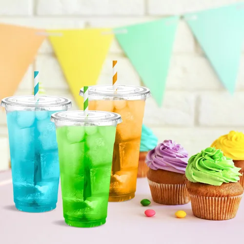 Vista 5 de Eupako Vasos de plástico de 24 onzas con tapas, transparentes desechables para llevar con tapas para café helado, bebidas frías, batidos, Bubble