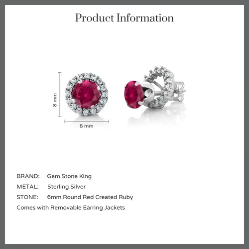 Vista 4 de Gem Stone King Aretes de plata de ley 925 con diseño de rubí rojo para mujer (2.00 quilates, redondo de 0.236 in), Metal Gema, Rubí sintético