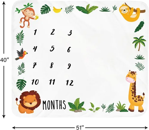 Vista 4 de Manta mensual de hito para bebé, diseño de animales de la selva, manta neutral para el mes del recién nacido, regalo personalizado para ducha