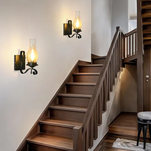 Vista 7 de Juego de dos apliques de pared rústicos, lámpara de pared de granja negra cableada en interiores, lámparas de pared retro con vidrio ámbar, apliques